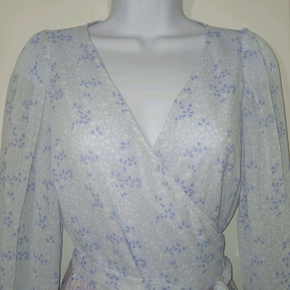 Ann Taylor Petite 6P Floral Wrap Midi Dress Blue Purple Metallic Stripe Tiered - Picture 4 of 14
